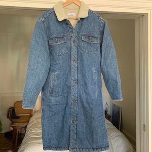 Aritzia Tna medium-wash denim shearling coat